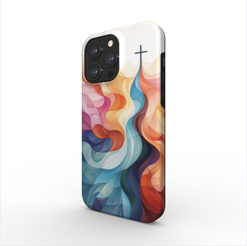 May include: A colorful abstract phone case with a cross at the top. The case features a design of swirling, overlapping shapes in shades of blue, orange, yellow, and pink.