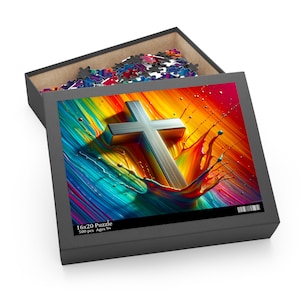 Colorful Rainbow Crucifix Cross Art Jigsaw Puzzle, Christian Art Puzzle, Jesus Puzzle, Catholic Jigsaw, Faith Gift Puzzle, Religious Jigsaw