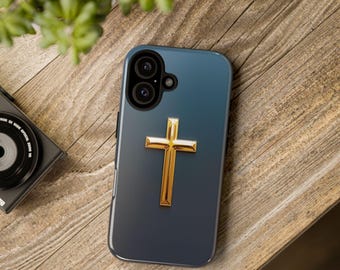 Luxurious Golden Cross Phone Case, Modern Christian Symbol, Protective Tough Cover iPhone 17+ Samsung Galaxy S26+ Google Pixel 9+ Gift