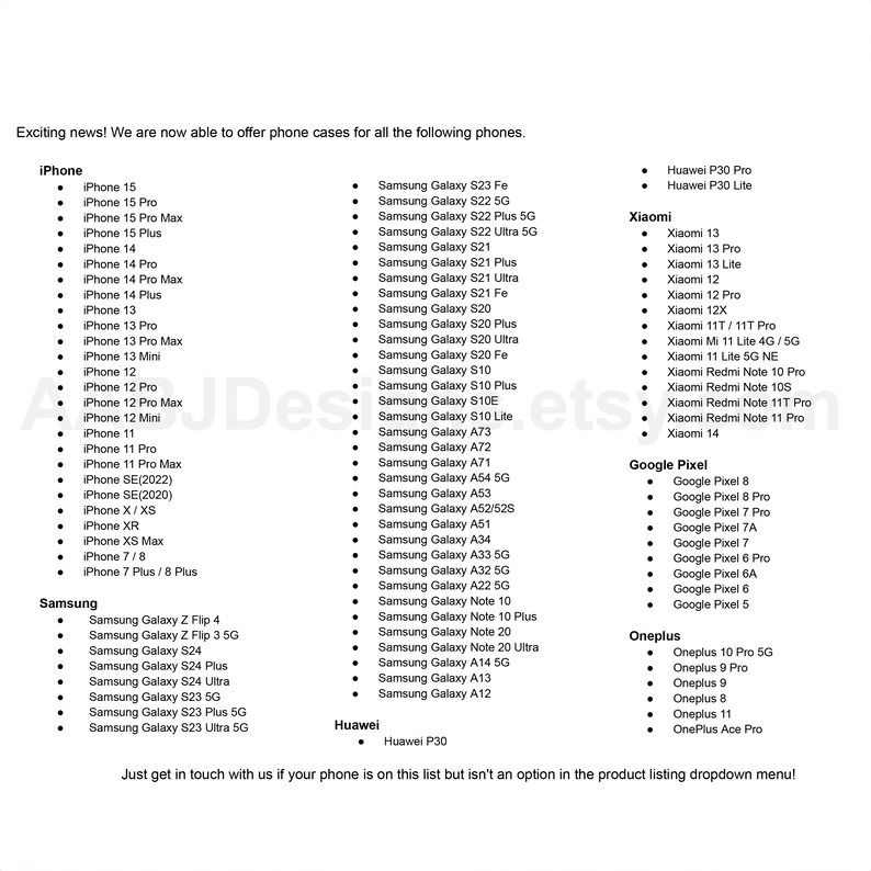 May include: A list of popular phone models from brands like iPhone, Samsung, Xiaomi, Google Pixel, and OnePlus. The list includes models from the iPhone 15 series, Samsung Galaxy S23 series, Xiaomi 13 series, Google Pixel 8 series, and OnePlus 10 Pro 5G.