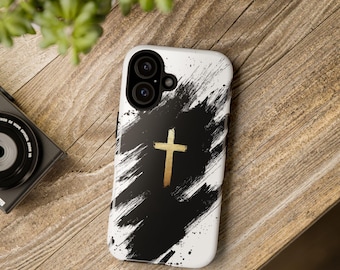 Minimalistische Abstrakte Gold Kreuz Handyhülle, Moderne Christliche Kunst Accessoire Geschenk, Tough Faith iPhone 17+ Samsung Galaxy S26+ Pixel 9+ Cover