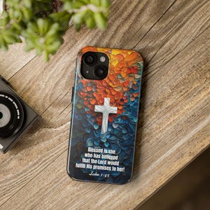Capa para iPhone com cruz cristã Lucas 1:45, capa para iPhone com escritura bíblica, capa para iPhone católica, capa para presente Faith iPhone 16 15 14 13 12 11 X