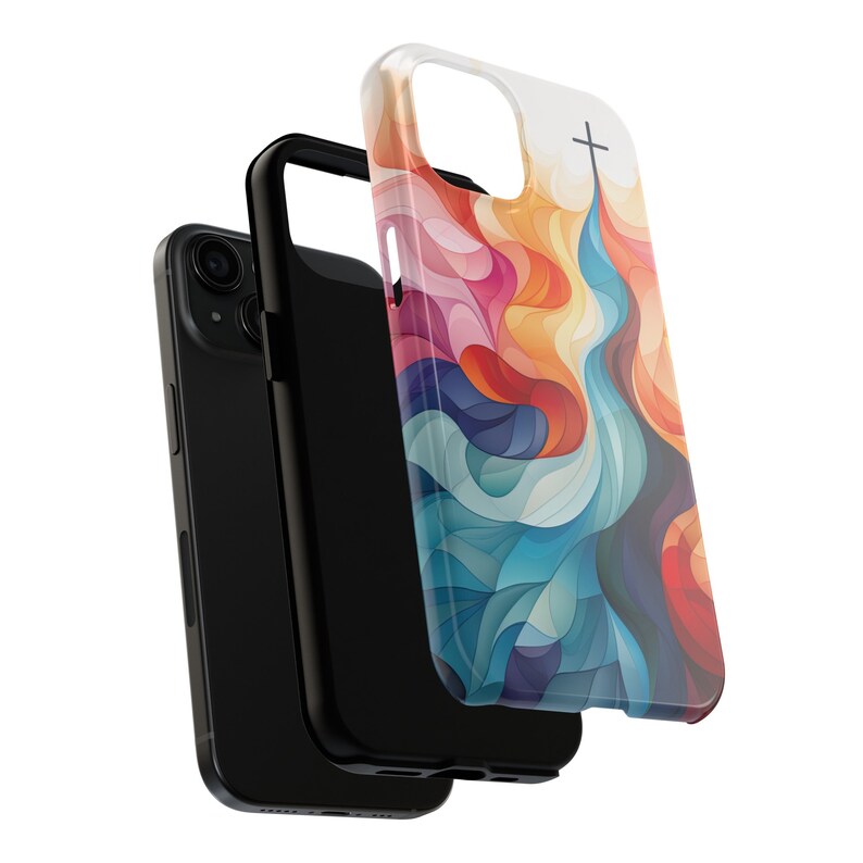 May include: A phone case with a colorful abstract design and a cross symbol. The case is made of clear plastic and has a black phone inside.