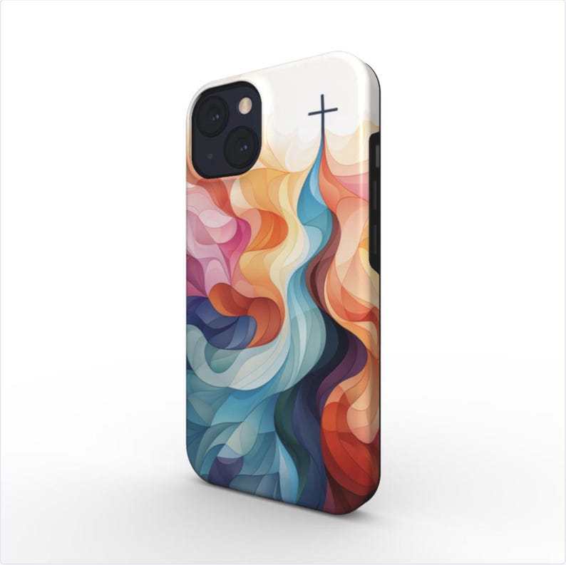 May include: A colorful abstract phone case with a cross design. The case features a blend of blue, orange, yellow, and pink hues, creating a vibrant and artistic look.
