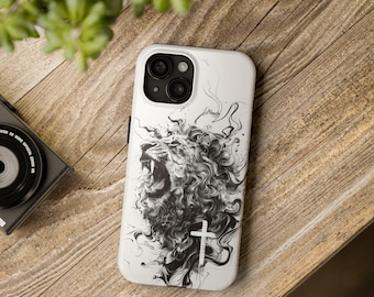 Roaring Lion of Judah & Cross Christian iPhone Case, Modern Bible Gift Accessory, Tough Faith iPhone 18 17 16 15 14 13 12 PRO Cover