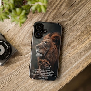 Capa de telefone com as escrituras de Isaías 41:10 da Força do Leão, capa de telefone cristã, capa de telefone de presente para iPhone 16+ Samsung Galaxy S25+ Google Pixel 9+