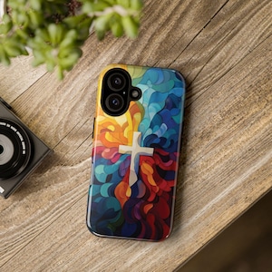 Vibrant Christian Cross Art Phone Case, Jesus Phone Case, Personalizable Faith Gift Case For iPhone 16+ Samsung Galaxy S24+ Google Pixel 9+