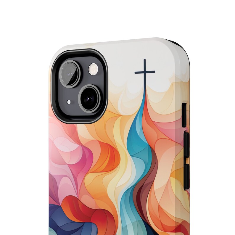 May include: A colorful phone case with an abstract design featuring swirls of blue, orange, pink, and yellow. A black cross is centered at the top of the case.