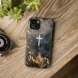 Minimalist Cross On Gray And Gold Christian iPhone Case, Catholic iPhone Cover, Crucifix iPhone Case, Faith iPhone 16 15 14 13 12 11 X Gift