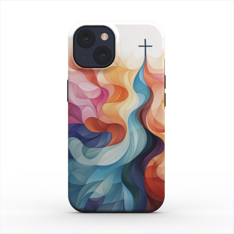 May include: A colorful abstract phone case with a cross at the top. The design features a blue, orange, and pink swirl pattern.