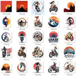 Puede incluir: Colección de impresiones de arte digital con temática de motocicletas. Cada imagen presenta una motocicleta con pilotos, ambientada en varios fondos como puestas de sol, montañas y diseños circulares estilizados. Algunas impresiones incluyen texto como "Chase Horizons" y "Wheels & Hills".