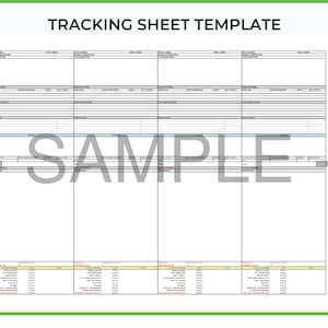 以下が含まれることがあります： 上部に「TRACKING SHEET TEMPLATE」というテキストが入った白いトラッキングシートテンプレート。シートにはデータ入力用の複数の列と行があり、中央には透かしで「SAMPLE」という文字が入っています。