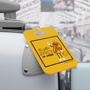 Yellow Plastic Luggage Tag with optional personalization, hot dog Farting suitcase tag,  Cheeky dark humor gift for him, Spicy Toots bag tag