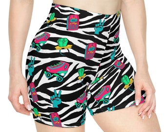 Women&#39;s 90s retro zebra print high waist sport Shorts with roller skates | soft polyester spandex blend shorts | Roller derby skating shorts