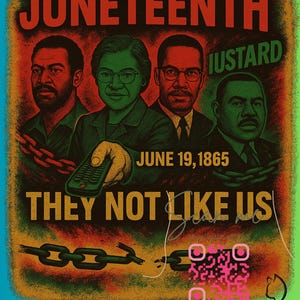 May include: Juneteenth poster featuring portraits of historical figures with the text "Juneteenth" in red and "They Not Like Us". The date "June 19, 1865" is also displayed. The image has a vintage, distressed style.