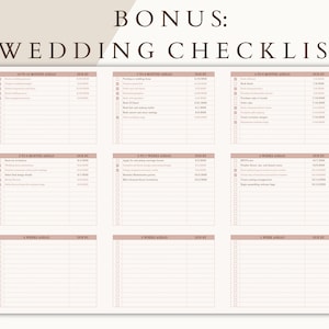 May include: A printable wedding checklist with a brown and white color scheme. The checklist is divided into sections for 18 to 12 months ahead, 12 to 6 months ahead, 6 to 4 months ahead, 4 to 2 months ahead, 2 to 1 month ahead, 1 month ahead, 2 weeks ahead, 1 week ahead, and 1 week ahead. Each section has a list of tasks with checkboxes and a space for the due date.