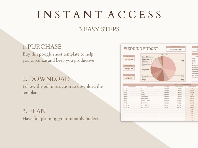 May include: A pink and brown wedding budget spreadsheet template with a pie chart showing the breakdown of wedding expenses. The text "Wedding Budget" and "Vila Balbiano" are visible at the top of the spreadsheet. The spreadsheet includes columns for description, category, budget, actual cost, and difference.