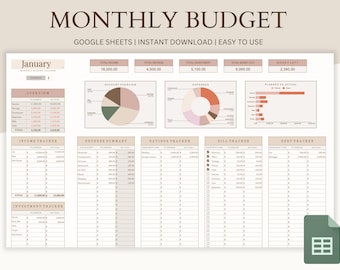 Monthly Budget Spreadsheet, Google Sheets Budget Template Planner, Digital Expense Tracker, Budget Tracker, Savings Tracker
