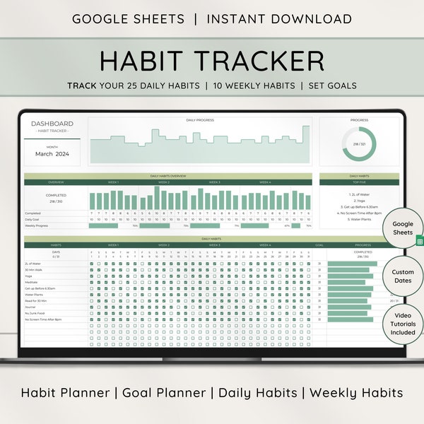 Habit Tracker Spreadsheet for Google Sheets, Daily Habit Planner, Goals Planner, Weekly Habits, Digital Daily To Do List Template