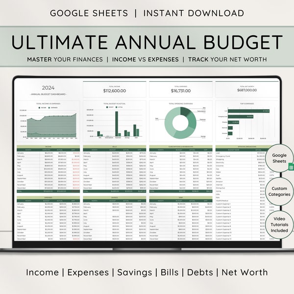 Annual Budget & Monthly Budget Spreadsheet, Google Sheets Budget Template, Budget Planner, Financial Planner, Expense Tracker, Debt Tracker