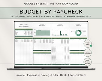 Budget By Paycheck Spreadsheet, Google Sheets Budget Template, Paycheck Budget, Monthly Budget, Weekly Budget, Biweekly Budget Planner