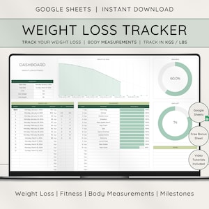 Gewichtsverliestracker-spreadsheet voor Google Spreadsheets, gewichtsverliesplanner, dagelijkse wekelijkse weeggrafiek, logboek lichaamsmetingen, gewichtsdagboek