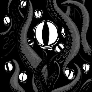 May include: Black and white illustration of an octopus with multiple tentacles and large eyes. The tentacles are textured and have a swirling pattern.