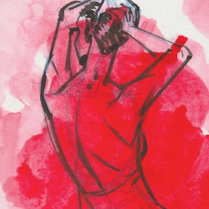 May include: A black and white line drawing of a person in a red shirt with their arms raised above their head. The background is a watercolor wash of pink and red.