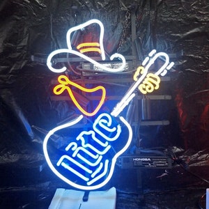Miller Lite Beer Cowboy Guitar: Musical Glow 17"x14" Neon Sign - Bar Wall Decor Lamp