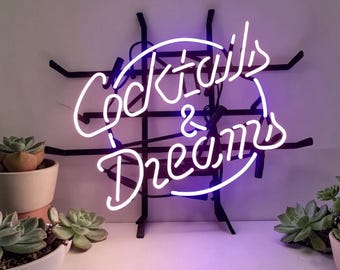 Cocktails and Dreams Real Glass Neon Sign 20x16 | Handmade Bar Game Room Wall Decor | Man Cave Gift