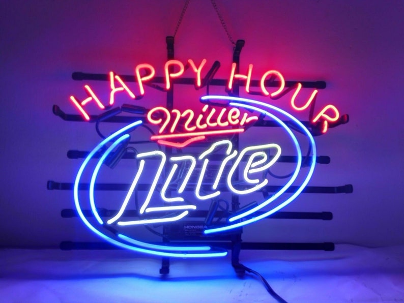Miller Lite Happy Hour Neon Light Sign 20x16 Real Glass Artwork for