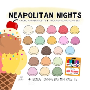 Puede incluir: Una paleta de colores digital titulada NEAPOLITAN NIGHTS con 20 iconos de bolas de helado en varios tonos pastel y neutros, una gran ilustración de un cono de helado con una cereza y una caja de rotuladores Ohuhu con el texto old & new.