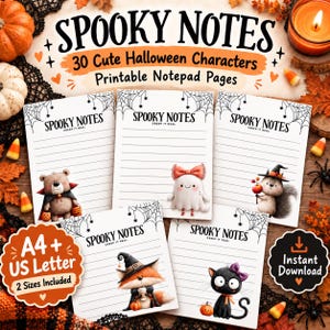 May include: A set of printable notepad pages titled Spooky Notes with the subtitle Creep It Real. The pages feature lined paper with spider web borders and illustrations of a bear, ghost, squirrel, fox, and cat in Halloween costumes.