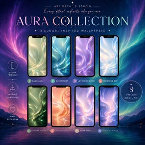 以下が含まれることがあります： Aura Collectionと題された8種類のモバイル壁紙のデジタルコレクション。セージ、オーシャン、ラベンダー、モーニングスカイ、フォレストグリーン、サンセットピーチ、ソフトサンド、ミッドナイトブルーの色彩で、オーロラにインスパイアされた抽象的な光のパターンが描かれています。