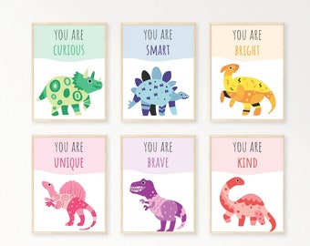 Bright Colourful Dinosaur Wall Decal 6 Set, Adorable Nursery Boys Room Decor, 1 Year Old Boy Gift for Playroom, Gender Neutral Above Bed Art