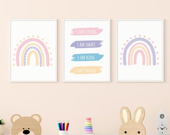 Set of 3 Wall Art Preppy Kid Room Decor Boho Rainbow Bedroom Print Pastel Bed Art Positive Affirmation Digital Download Poster Self Care