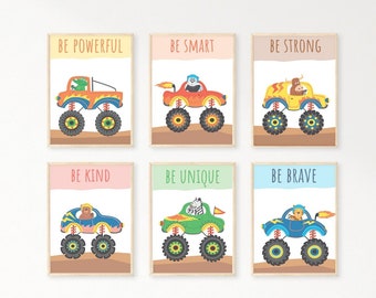 Powerful Monster Truck Above Bed Wall Art, Crocodile Jungle Nursery Decor, Tiger Zebra Print, Panda Bear Gifts, Cute Kid Bedroom 6 Piece Set