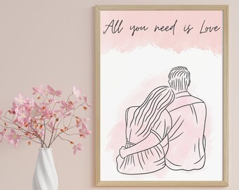 Pastel Blush Pink Wall Art, Valentines Day Cute Couples Gift, Large Watercolor Above Bed Decor, Bedroom Minimalist Female Line Art Print