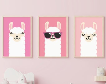 Wall Art Llama Kid Room Decor Pastel Pink Gift Tween Teen Birthday Gift Her Set of 3 Printable for Play Room Colorful Print Digital Download