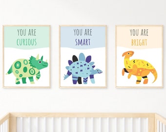3 Piece Bright Colourful Dinosaur Wall Decal, Adorable Nursery Boys Room Decor, 1 Year Old Boy Gift Playroom, Gender Neutral Above Bed Art