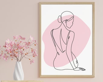 Pastel Blush Pink Preppy Wall Art, Boho Decor Line Art Print, Feminine Female Body Above Bed Art, Birthday Gift Her, Minimalist Large Canvas