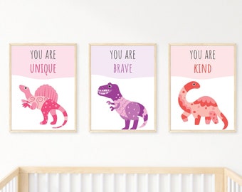 3 Piece Bright Colourful Dinosaur Wall Decal, Adorable Nursery Boys Room Decor, 1 Year Old Boy Gift for Playroom, Girly Above Bed Wall Art