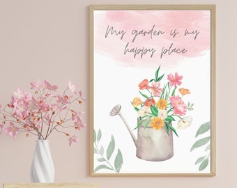 Bright Watercolour Floral Art, Flower Garden Prints Wall Art, Above Bed Printable, Watercolour Watering Can, Outdoor Garden Pastel Decal