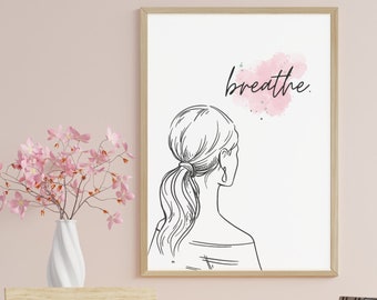 Pastel Pink Breathe Minimalist Line Wall Art, Positive Self Love Affirmation Printable, Inspirational Above Bed Print, Preppy Girly Gift