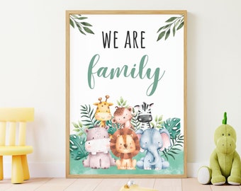 Safari Boho Nursery Animal Decor, We Are Family Bedroom Art, Lion Elephant Decal, Above Bed Wall Art, Neutral Watercolour Wall Print