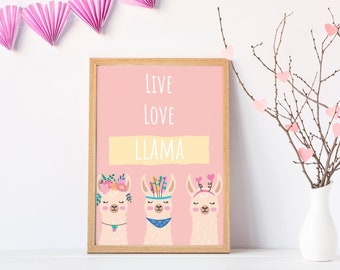 3 Pink Funny Llama Above Bed Wall Art Print, Pastel Dusty Pink Printable Download, Live Love Llama Design, Teen Girl Preppy Room Decor