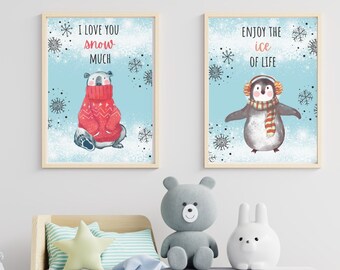 Nursery Set Winter Themed Gift Polar Bear Cute Penguin Baby Shower Gift Winter Snowflake Wall Art Theme Pastel Blue Snow Decor