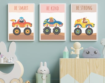 Monster Truck 3 Piece Wall Art, Panda Bear Gifts, Animal Nursery Boys Room Decor, Jungle Above Bed Wall Art, Positive Affirmations for Kids