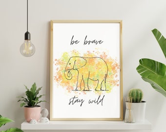 Yellow Watercolor Large Elephant Print, Safari Nursery Decor Digital Wall Line Art, Affirmation for Kids Poster, Fun Positive Above Bed Art
