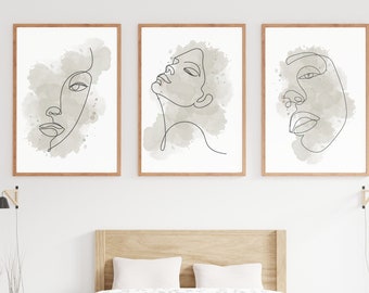 Minimalist Abstract Line Art Prints | Neutral Face Wall Art Set | Modern Boho Bedroom Decor